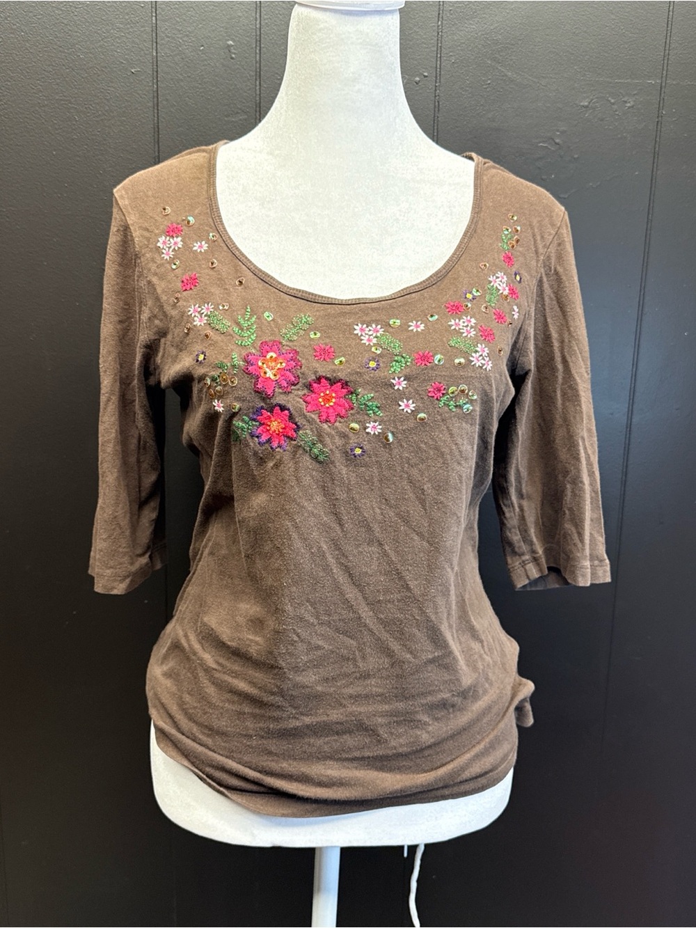 Brown Floral Embroidered Scoop Neck Top